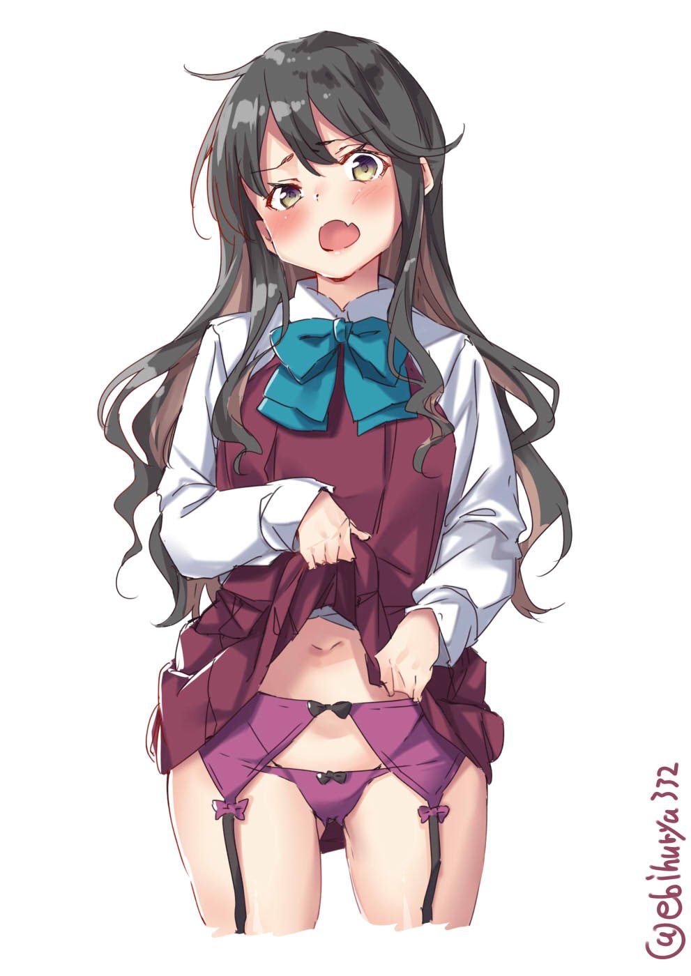 1girl black_hair blush bow bow_panties bowtie breasts dress ebifurya embarrassed fang garter_belt garter_straps gluteal_fold groin hair_over_shoulder hair_ribbon halterneck highres kantai_collection large_breasts lifted_by_self lingerie long_hair long_sleeves looking_at_viewer lowleg lowleg_panties multicolored_hair naganami_(kantai_collection) navel open_mouth panties pink_hair purple_panties ribbon shirt sleeveless sleeveless_dress solo thighs twitter_username two-tone_hair underwear wavy_hair white_shirt yellow_eyes