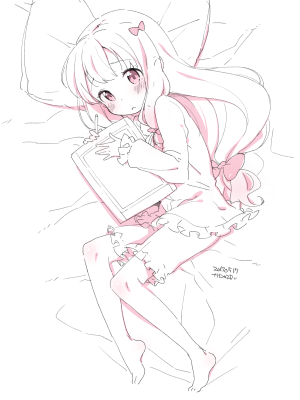 1girl barefoot bed_sheet blush bow dated drawing_tablet eromanga_sensei frilled_shirt frills from_above hair_bow izumi_sagiri kanya_pyi long_hair looking_at_viewer looking_up low-tied_long_hair lying monochrome on_side pajamas parted_lips pillow shirt short_shorts shorts sleeves_past_wrists solo very_long_hair