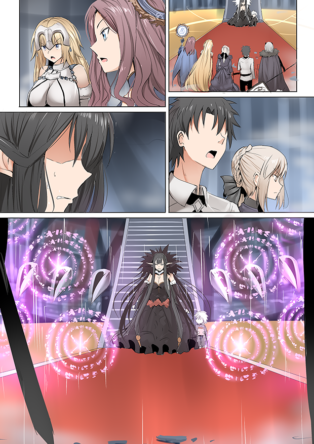 2boys 5girls absurdly_long_hair armor artoria_pendragon_(all) black_dress black_hair black_ribbon blonde_hair blue_eyes breasts comic dark_excalibur dress faceless faceless_male fate/grand_order fate/stay_night fate_(series) fujimaru_ritsuka_(male) fur_trim ginhaha hair_bun headpiece jeanne_d'arc_(alter)_(fate) jeanne_d'arc_(fate) jeanne_d'arc_(fate)_(all) large_breasts leonardo_da_vinci_(fate/grand_order) long_hair magic_circle multiple_boys multiple_girls pointy_ears purple_hair ribbon saber saber_alter semiramis_(fate) short_hair silent_comic silver_hair standard_bearer sword very_long_hair weapon yellow_eyes