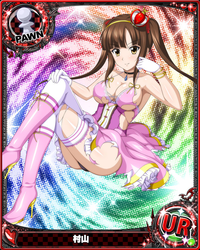 1girl black_panties boots bracelet breasts brown_eyes brown_hair card_(medium) character_name chess_piece choker closed_mouth dress gloves hair_ornament hair_ribbon high_heels high_school_dxd jewelry large_breasts long_hair looking_at_viewer murayama_(high_school_dxd) official_art panties pantyshot pawn pendant ribbon smile solo thigh-highs torn_clothes torn_legwear trading_card twintails underwear white_gloves white_legwear