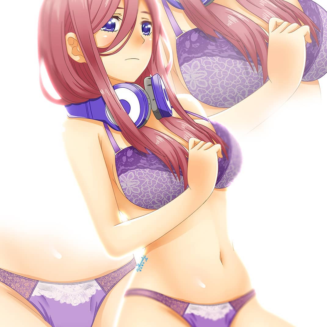 1girl bangs bare_shoulders bra breasts brown_hair cleavage closed_mouth dutch_angle go-toubun_no_hanayome hair_between_eyes headphones headphones_around_neck lace lace_bra lace_panties large_breasts long_hair lukmanscootkenn nakano_miku navel panties purple_bra purple_panties solo stomach thighs underwear violet_eyes