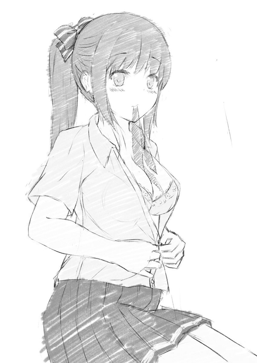 1girl 7_calpis_7 bangs blush bow bra breasts cleavage closed_mouth commentary_request dress_shirt eyebrows_visible_through_hair greyscale hair_bow highres long_hair medium_breasts monochrome mouth_hold open_clothes open_shirt original pleated_skirt ponytail school_uniform shirt short_sleeves sidelocks simple_background sitting skirt solo striped striped_bow underwear white_background