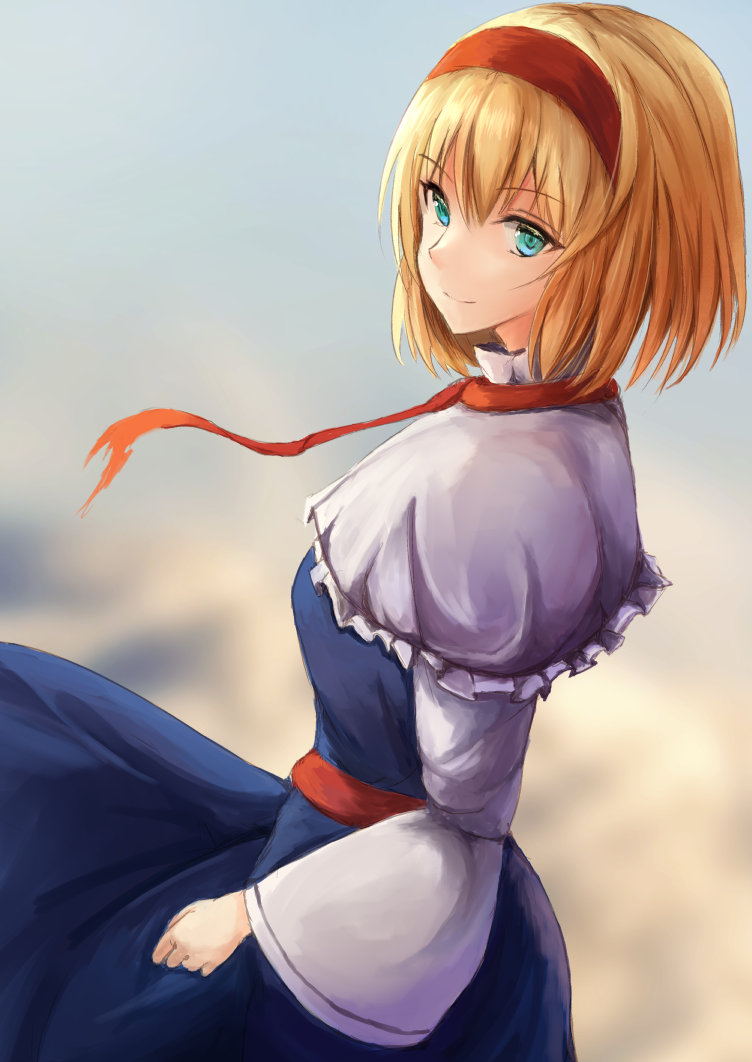 1girl alice_margatroid blonde_hair blue_dress blue_eyes capelet dress eyebrows_visible_through_hair frilled_capelet frills from_side grey_background hair_between_eyes hairband kisuke1212 long_dress long_sleeves looking_at_viewer red_hairband red_ribbon ribbon shiny shiny_hair short_hair smile solo standing touhou white_capelet