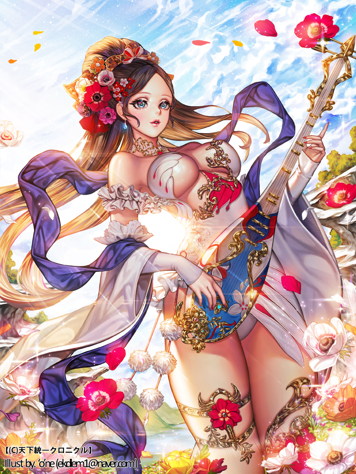 'o'ne bare_shoulders blue_earrings blue_ribbon blue_sky breasts brown_hair cleavage cleavage_cutout day detached_sleeves flower glint hair_flower hair_ornament hill holding holding_instrument instrument leotard lute_(instrument) medium_breasts nail_polish outdoors pink_nails ribbon shingoku_no_valhalla_gate sky standing sunlight thighlet water watermark