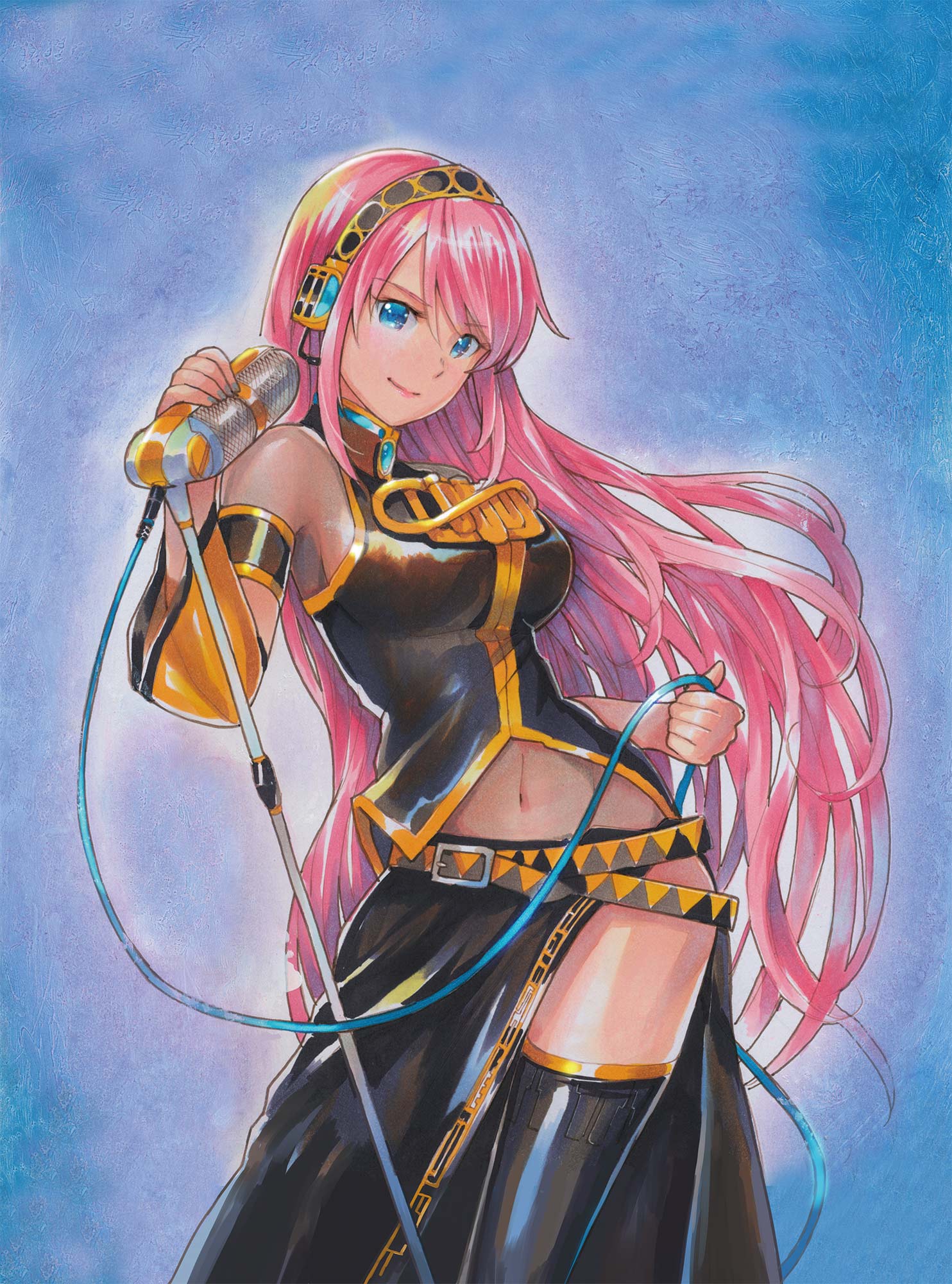 1girl black_footwear black_skirt blue_background blue_eyes boots breasts cowboy_shot floating_hair hairband headphones headset highres holding holding_microphone large_breasts leaning_forward long_hair long_skirt looking_at_viewer marker_(medium) mayo_riyo megurine_luka microphone microphone_stand midriff navel pink_hair see-through shiny shiny_clothes shiny_hair side_slit sideboob skirt smile solo standing stomach thigh-highs thigh_boots traditional_media very_long_hair vocaloid