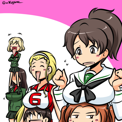 bangs black_hair blush breast_rest breasts breasts_on_head girls_und_panzer green_jacket isobe_noriko jacket kadotani_anzu katyusha kogane_(staygold) koyama_yuzu long_hair long_sleeves lowres miniskirt nonna ponytail pravda_school_uniform red_shirt sasaki_akebi school_uniform shirt skirt smile standing standing_on_person swept_bangs turtleneck