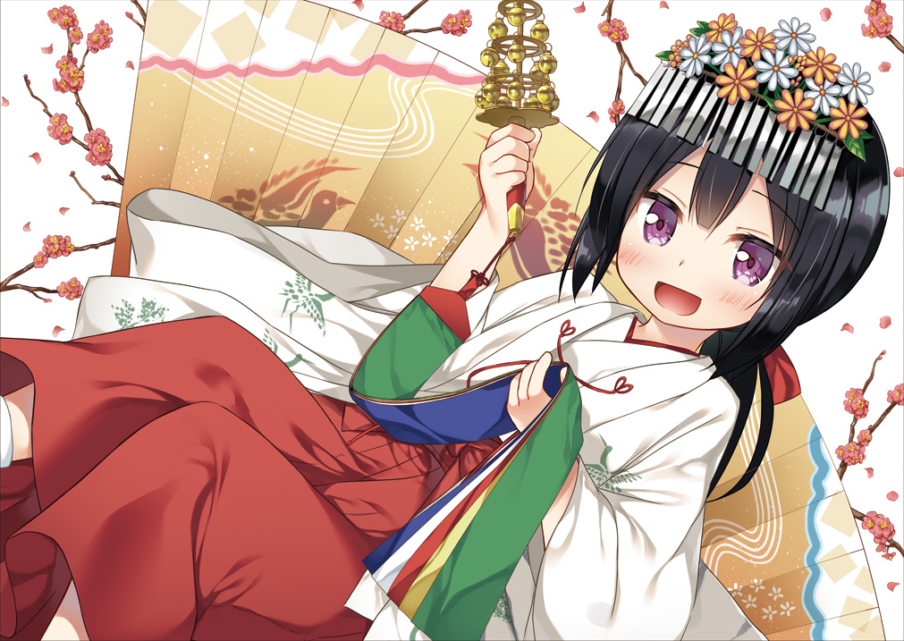 1girl :d bangs bell black_hair blush brown_flower commentary_request dutch_angle eyebrows_visible_through_hair flower hair_between_eyes hair_flower hair_ornament hakama holding japanese_clothes jingle_bell kagura_suzu kimono long_hair long_sleeves looking_at_viewer miko open_mouth original red_flower red_hakama smile solo tree_branch violet_eyes white_background white_flower white_kimono wide_sleeves yukino_minato