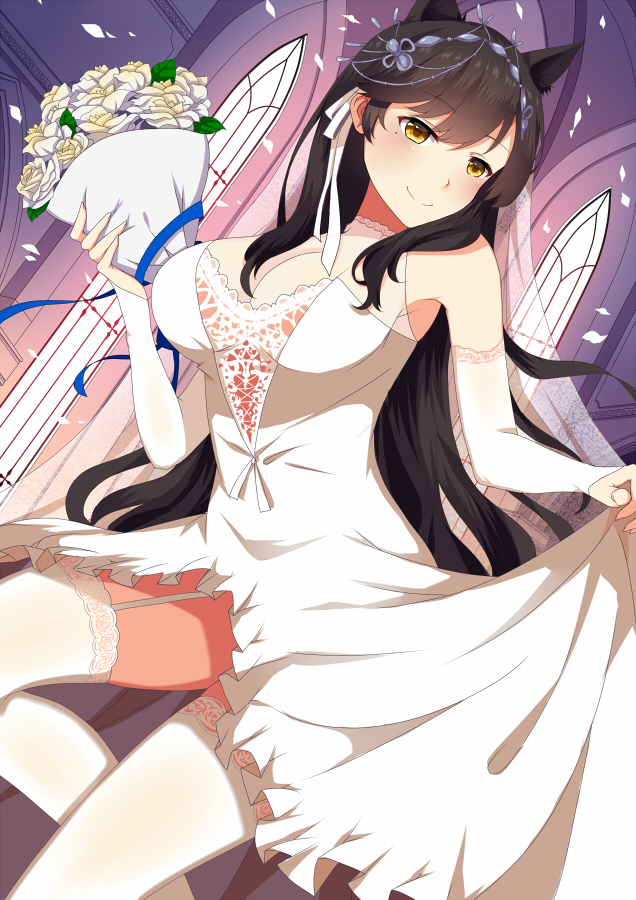 1girl animal_ears atago_(azur_lane) azur_lane bangs bare_shoulders bima_rahmaa black_hair bouquet breasts bride brown_eyes cleavage commentary_request dress elbow_gloves extra_ears flower garter_straps gloves groom hair_ribbon large_breasts long_hair mole ribbon rose strapless strapless_dress swept_bangs veil wedding wedding_dress white_dress