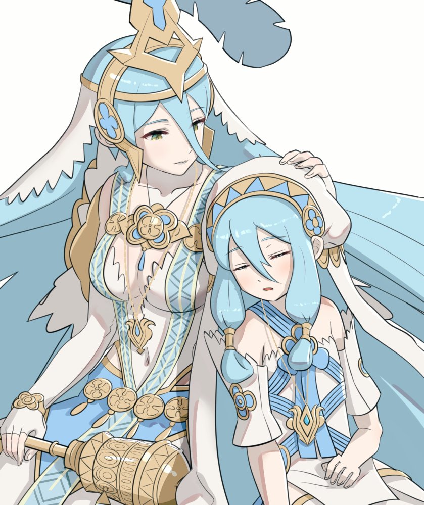 2girls aqua_(fire_emblem_if) blue_hair breasts closed_eyes dual_persona elbow_gloves feathers fingerless_gloves fire_emblem fire_emblem_heroes fire_emblem_if gloves gonzarez hair_between_eyes hair_ornament hand_on_another's_head holding_scepter intelligent_systems jewelry long_hair medium_breasts multiple_girls nintendo parted_lips pendant scepter simple_background sleeping veil white_background white_gloves yellow_eyes younger