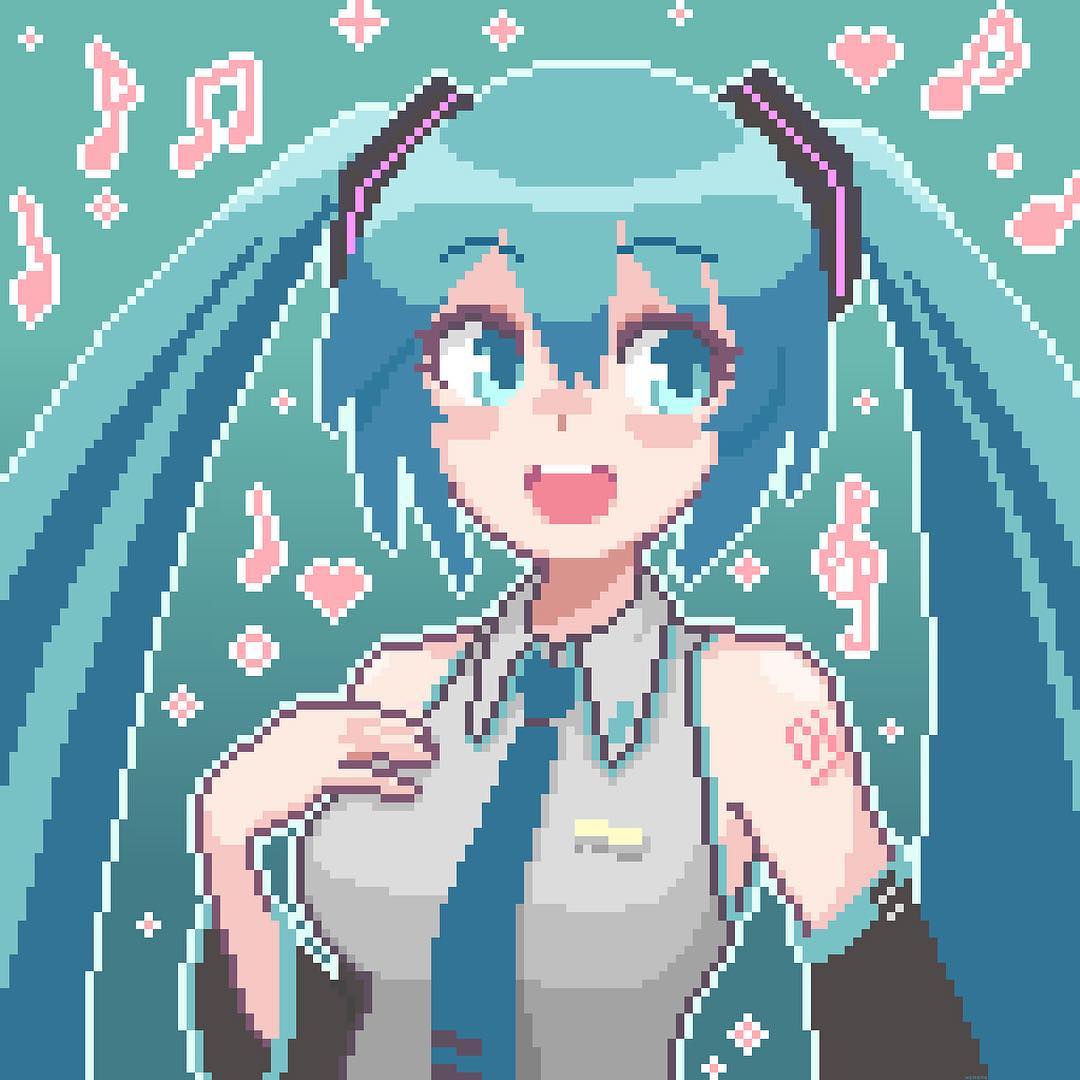 1girl aqua_eyes aqua_hair aqua_neckwear bare_shoulders beamed_eighth_notes breasts collared_shirt detached_sleeves eighth_note eyebrows_visible_through_hair grey_shirt hair_between_eyes hatsune_miku hcnone heart long_hair musical_note necktie open_mouth outline pixel_art quarter_note shirt smile solo treble_clef twintails upper_body vocaloid white_outline