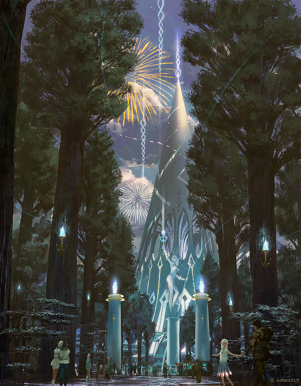 6+boys 6+girls bangs blue_sky blunt_bangs breasts building clouds cloudy_sky commentary_request crowd fireworks glowing highres large_breasts long_hair multiple_boys multiple_girls noba outdoors pixiv_fantasia_last_saga pointy_ears scenery signature sky statue tree white_hair wide_shot