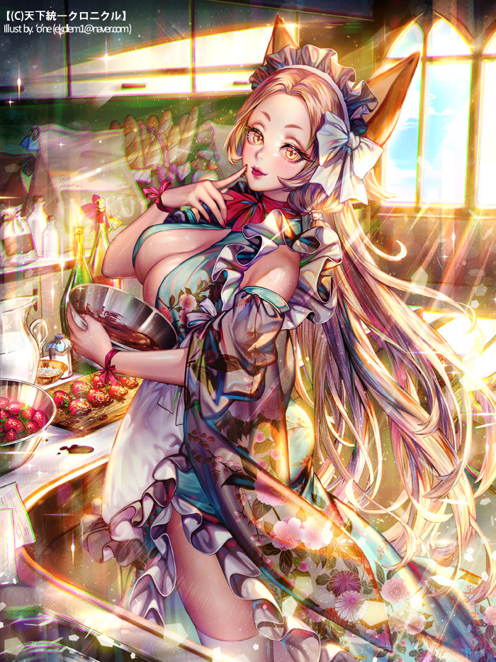 'o'ne 1girl animal_ears baguette blue_sky bottle bow bread breasts brown_eyes brown_hair chocolate cleavage cupboard cutting_board day detached_sleeves finger_to_face food fruit hair_bow hairband kitchen large_breasts long_hair looking_at_viewer mixing_bowl pitcher sack sky solo standing strawberry sunlight tenka_touitsu_chronicle very_long_hair white_bow white_legwear window wristband