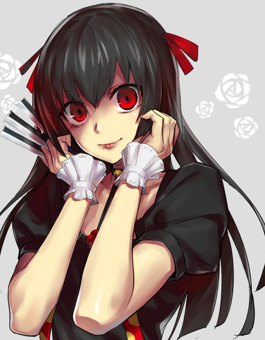 1girl bell black_hair black_shirt character_request choker collarbone eyebrows_visible_through_hair floating_hair grey_background hair_between_eyes hair_ribbon holding jingle_bell lipstick long_hair looking_at_viewer makeup red_eyes red_lipstick red_ribbon ribbon shiny shiny_hair shiromi_(ringo) shirt short_sleeves simple_background smile solo tokyo_ghoul upper_body