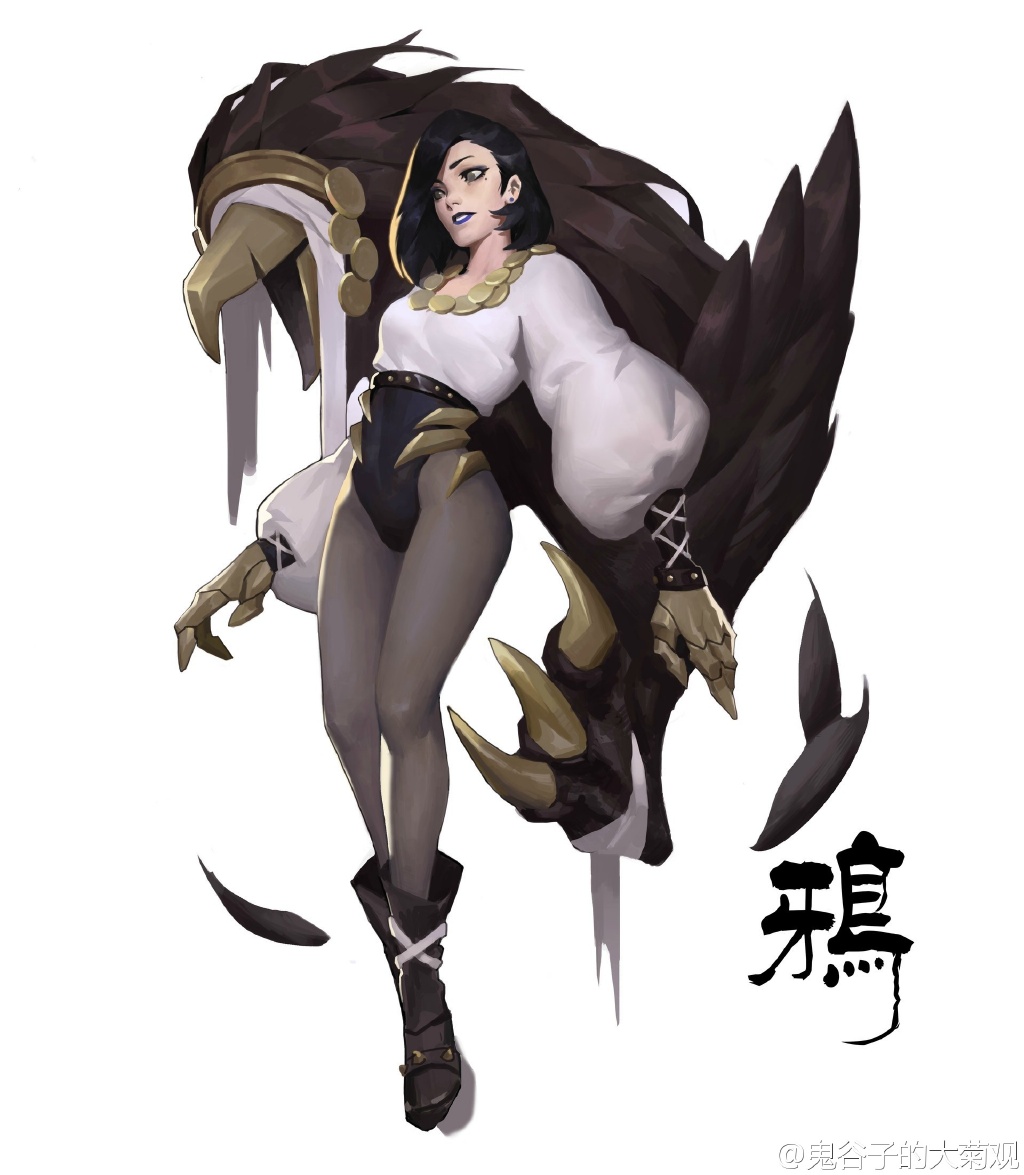 1girl bandage bandaged_arm bandages black_feathers black_footwear black_hair black_leotard boots brown_eyes claws crack earrings feathers floating gloves guiguz jewelry leotard medium_hair mole mole_under_eye monster original puffy_sleeves purple_lips shirt signature simple_background spikes tight twitter_username white_background white_shirt wings