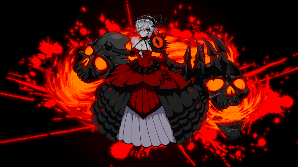 1girl black_background black_gloves black_hairband breasts claws cleavage covered_navel dress dress_flower elbow_gloves eyes flaming_skull flower full_body gloves grey_hair grey_skin hair_over_one_eye hairband horn large_breasts looking_at_viewer navel original pixel_art r5r6ty red_dress red_eyes red_flower skull solo