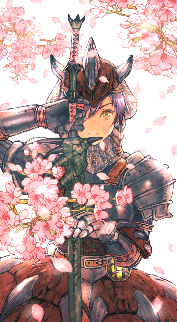 1girl armor bangs belt belt_buckle brown_belt buckle cherry_blossoms closed_mouth flower gauntlets green_eyes holding holding_sword holding_weapon katana kuroimori looking_at_viewer monster_hunter monster_hunter:_world pauldrons petals pink_flower pink_rathian_(armor) purple_hair short_hair smile solo sword weapon white_background