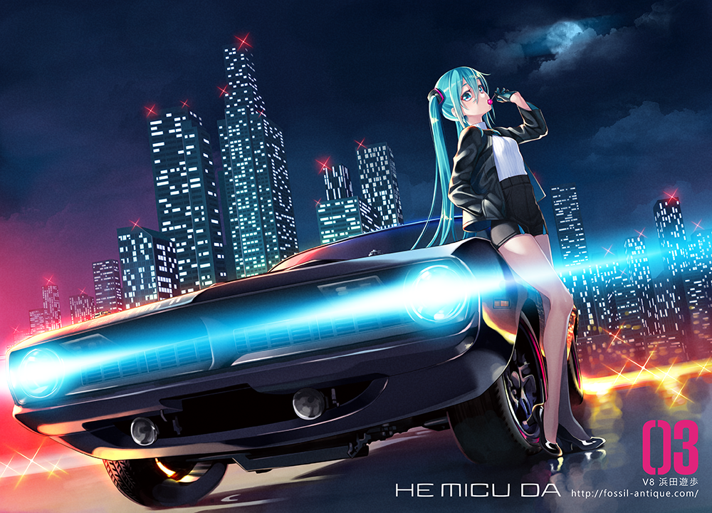 1girl aqua_eyes aqua_hair black_gloves breasts candy car city clouds food full_moon gloves ground_vehicle hamada_youho hand_in_hair hatsune_miku high_heels jacket lollipop long_hair looking_at_viewer moon motor_vehicle night pencil_skirt skirt solo twintails very_long_hair vocaloid