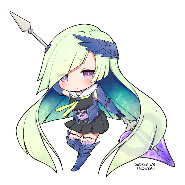 1girl bangs black_shirt black_skirt blue_footwear blue_wings boots brynhildr_(fate) chibi closed_mouth dated eyebrows_visible_through_hair eyes_visible_through_hair fate/prototype fate/prototype:_fragments_of_blue_and_silver fate_(series) feathered_wings full_body gauntlets green_hair green_neckwear hair_over_one_eye hair_wings holding holding_spear holding_weapon kanya_pyi knee_boots light_frown long_hair pink_legwear pleated_skirt polearm shirt simple_background skirt sleeveless sleeveless_shirt solo spear thigh-highs thighhighs_under_boots very_long_hair violet_eyes weapon white_background wings