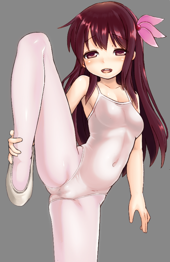 1girl breasts brown_eyes brown_hair collarbone covered_navel cowboy_shot flexible grey_background hair_ornament kantai_collection kisaragi_(kantai_collection) kurogane_daichi leotard long_hair looking_at_viewer open_mouth pantyhose pink_legwear pink_leotard shoes simple_background small_breasts solo split standing standing_on_one_leg standing_split