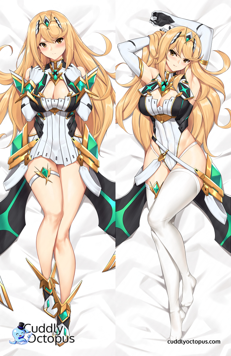 1girl armpits arms_up bangs bare_shoulders bed_sheet blonde_hair blush breasts cleavage cleavage_cutout commentary cuddly_octopus dakimakura dress elbow_gloves english_commentary eyebrows_visible_through_hair frown full_body gem gloves hair_between_eyes head_tilt highleg highleg_leotard highres mythra_(xenoblade) large_breasts leotard long_hair looking_at_viewer lying multiple_views nintendo on_back thigh-highs thigh_gap thigh_strap tiara tony_guisado v-shaped_eyebrows very_long_hair white_gloves white_legwear xenoblade_(series) xenoblade_2 yellow_eyes