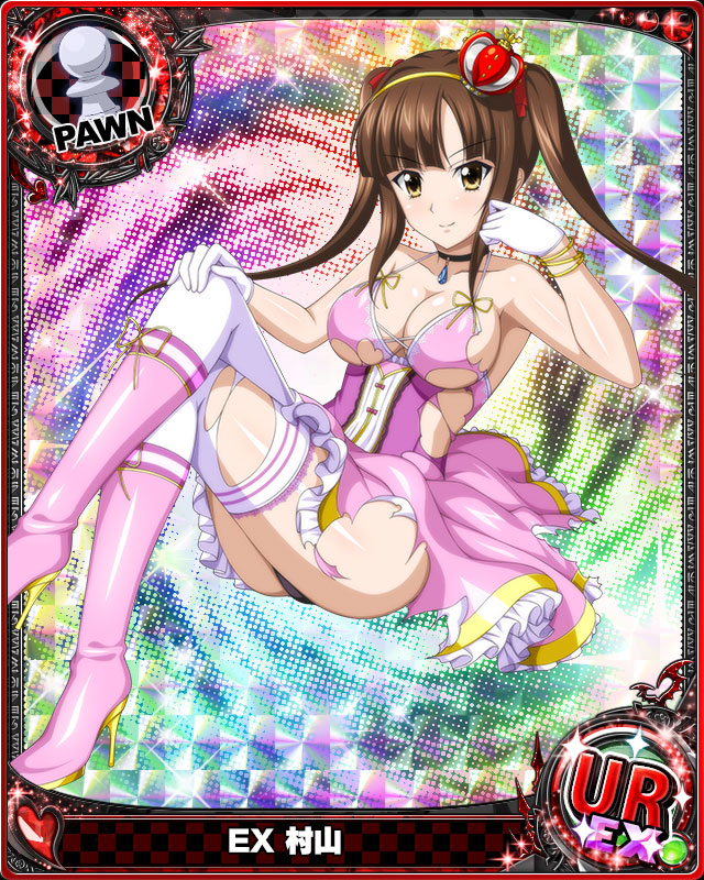 1girl black_panties boots bracelet breasts brown_eyes brown_hair card_(medium) character_name chess_piece choker closed_mouth dress gloves hair_ornament hair_ribbon high_heels high_school_dxd jewelry large_breasts long_hair looking_at_viewer murayama_(high_school_dxd) official_art panties pantyshot pawn pendant ribbon smile solo thigh-highs torn_clothes torn_legwear trading_card twintails underwear white_gloves white_legwear