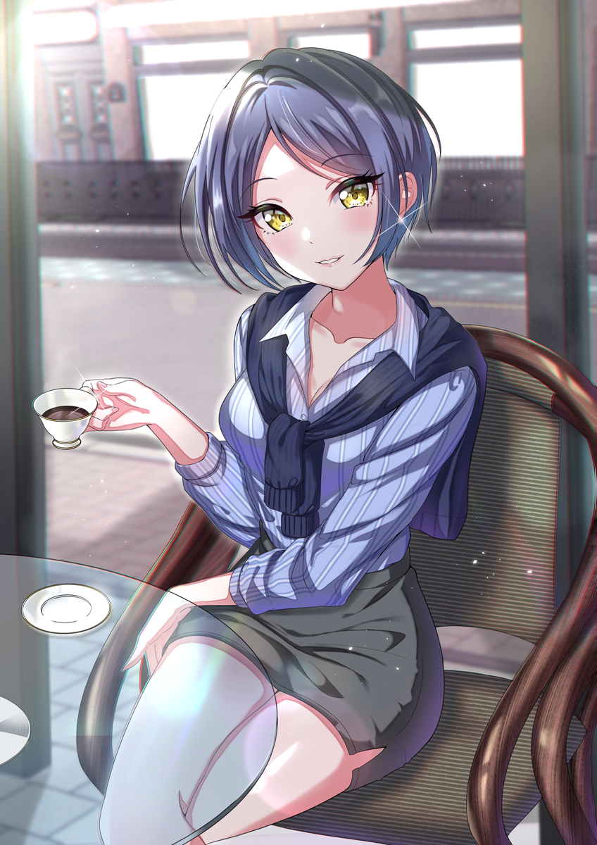 1girl black_hair blurry blurry_background breasts casual chair cleavage coffee collarbone cup dress_shirt earrings glass_table hayami_kanade highres idolmaster idolmaster_cinderella_girls jewelry legs_crossed looking_at_viewer parted_lips pencil_skirt ribbed_sweater shirt short_hair skirt smile solo sparkle sutoroa sweater sweater_around_neck table teacup yellow_eyes