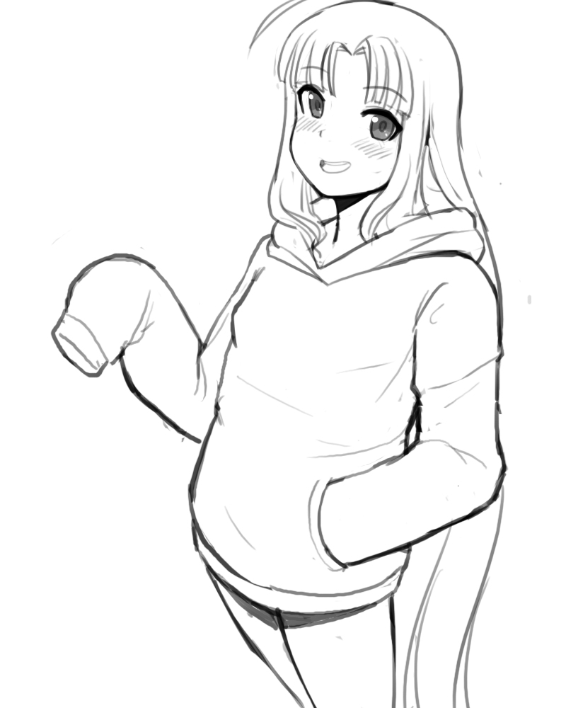 1girl character_request copyright_request donburikazoku long_hair looking_at_viewer monochrome no_pants simple_background sleeves_past_wrists smile solo white_background