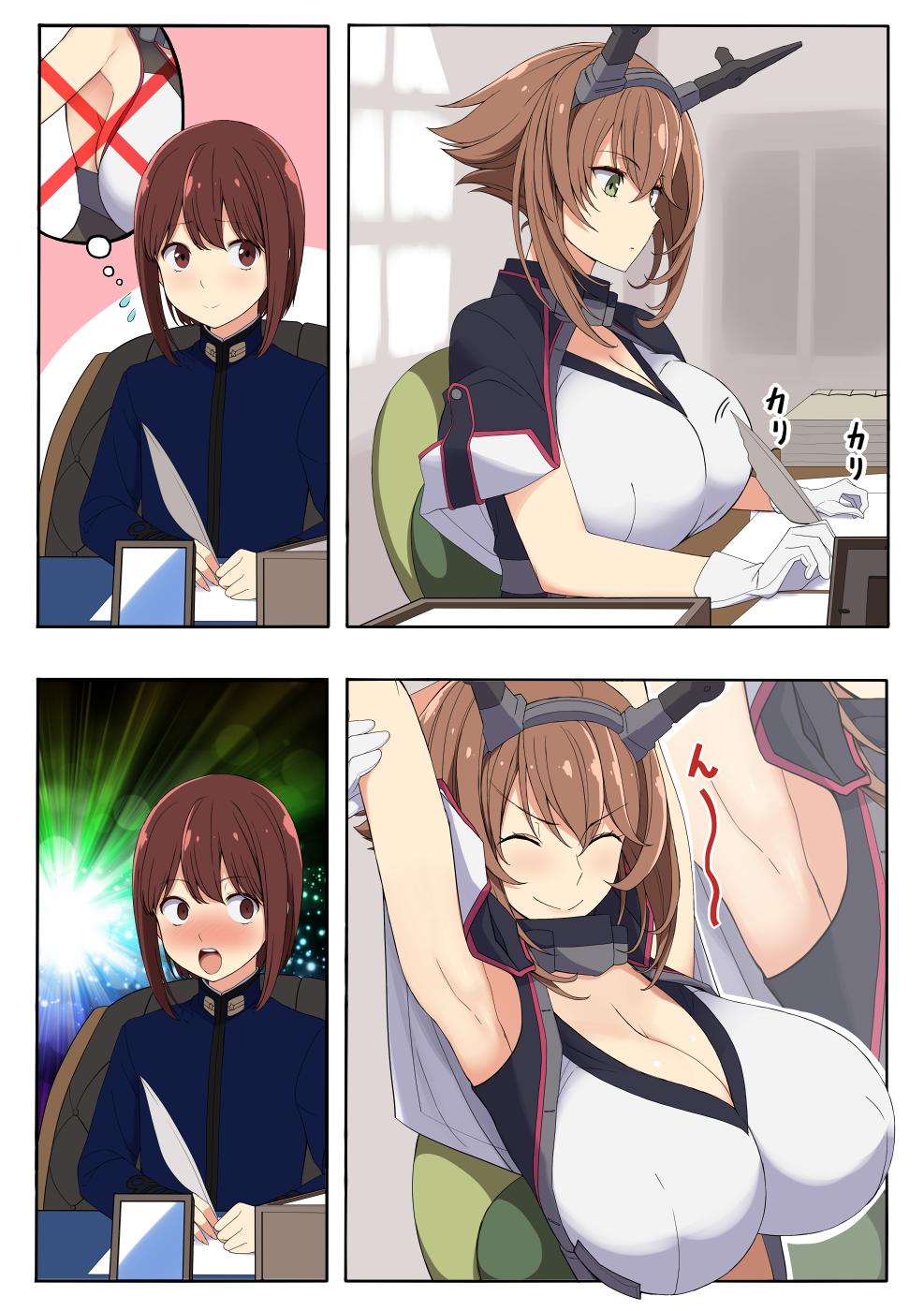 1boy 1girl armpit_peek black_capelet black_jacket blue_jacket blush breasts brown_hair capelet capelet_lift chair cleavage closed_eyes collar comic desk gloves headgear highres huge_breasts indoors jacket kantai_collection kloah little_boy_admiral_(kantai_collection) long_sleeves looking_at_another metal_collar midriff military military_uniform mutsu_(kantai_collection) naval_uniform nose_blush open_mouth paperwork quill remodel_(kantai_collection) shiny shiny_hair short_hair sidelocks sitting smile stretch thinking uniform white_gloves