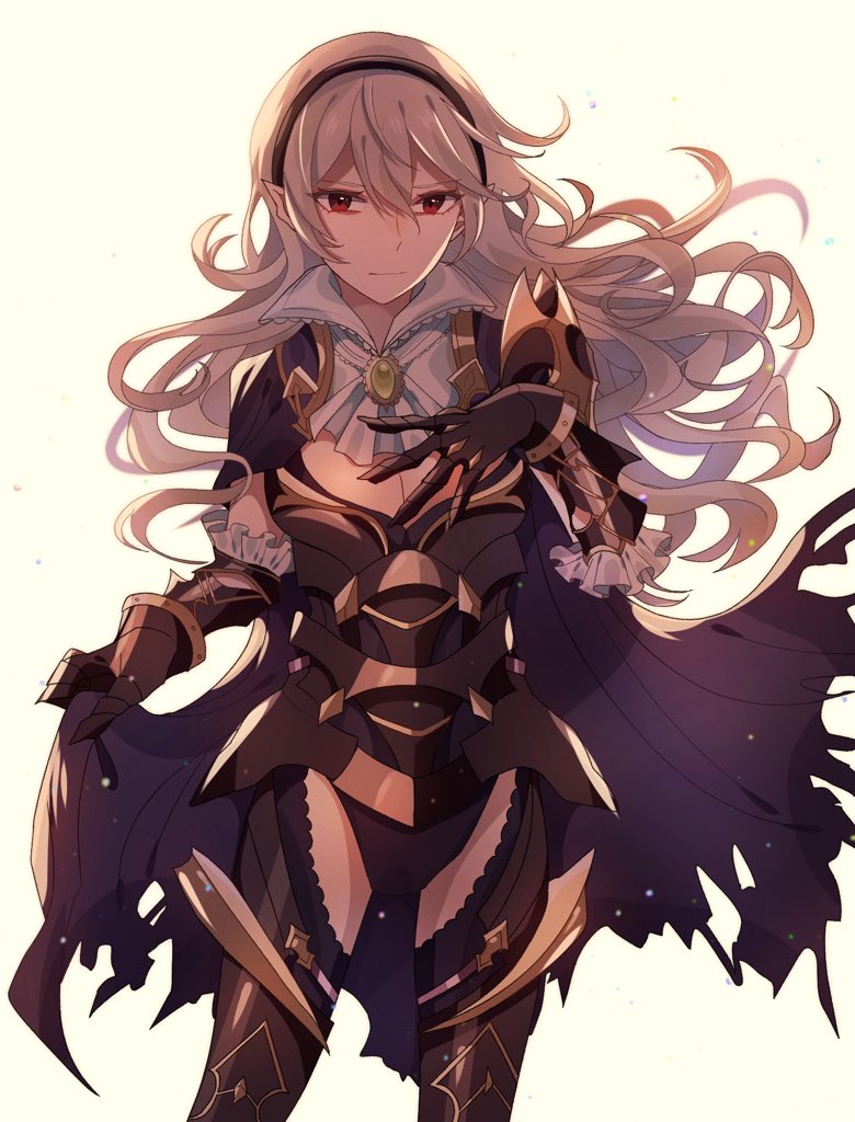 1girl armor black_armor black_hairband breasts cape cleavage closed_mouth female_my_unit_(fire_emblem_if) fire_emblem fire_emblem_if frilled_shirt_collar frills hairband long_hair my_unit_(fire_emblem_if) nintendo pikapika_hoppe pointy_ears red_eyes simple_background solo torn_cape torn_clothes white_background white_hair