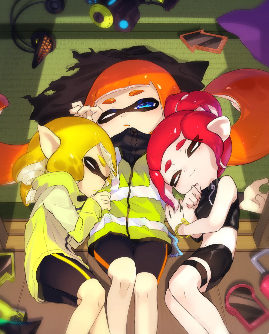 3girls :o agent_8 amatcha bare_shoulders bike_shorts black_cape black_skirt blonde_hair blue_eyes cape cellphone closed_eyes closed_mouth domino_mask eyes_visible_through_hair headgear hero_shot_(splatoon) inkling long_hair long_sleeves looking_at_viewer lying mask miniskirt multiple_girls octarian octoling on_back on_side one_eye_closed open_mouth orange_hair phone pointy_ears ponytail redhead short_hair single_vertical_stripe skirt sleeping smartphone smartphone_case smile splatoon splatoon_(series) splatoon_2 splatoon_2:_octo_expansion squidbeak_splatoon suction_cups tentacle_hair thigh_strap torn_cape torn_clothes vest waking_up