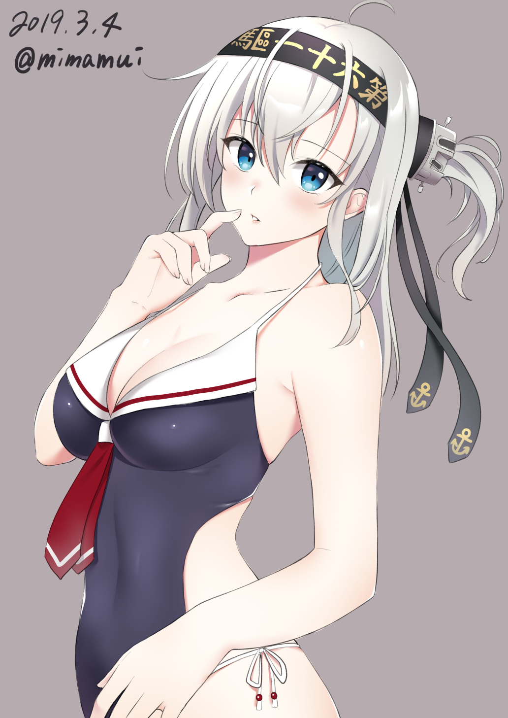 1girl alternate_costume anchor_print black_headband blue_eyes blue_swimsuit blush breasts dated eyebrows_visible_through_hair grey_background hachimaki hair_between_eyes hair_flaps headband highres kantai_collection large_breasts long_hair mimamui one_side_up silver_hair simple_background solo suzutsuki_(kantai_collection) swimsuit