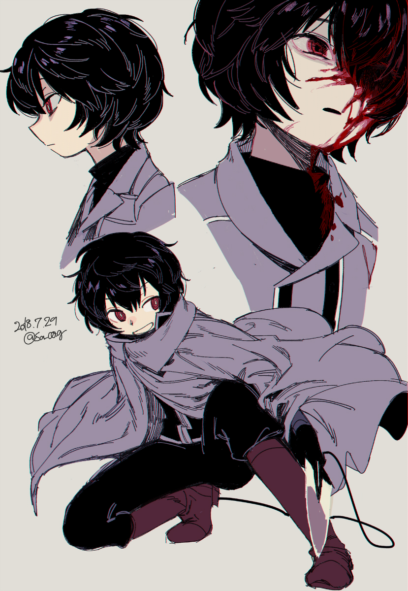 1boy bags_under_eyes black_hair black_pants blood blood_on_face boots cloak coat dated frown hair_over_one_eye highres holding holding_weapon injury knee_boots kuga_yuuma long_sleeves looking_away male_focus multiple_views one_eye_covered one_knee pants profile red_eyes red_footwear sacog sideways_glance simple_background sitting smile string turtleneck weapon world_trigger