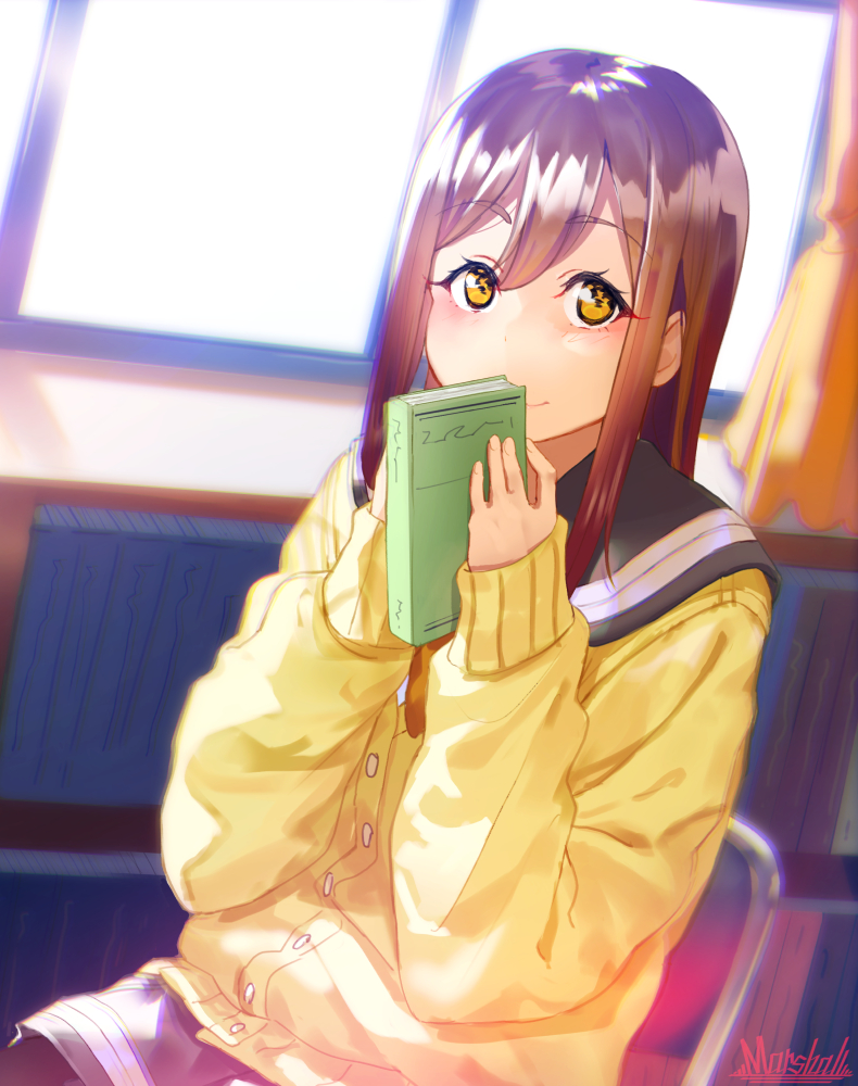 1girl black_legwear black_sailor_collar black_skirt blurry blurry_background blush book brown_hair cardigan chair closed_mouth commentary_request curtains day depth_of_field folding_chair hands_up holding holding_book indoors kunikida_hanamaru long_hair long_sleeves looking_at_viewer love_live! love_live!_sunshine!! marshall_(wahooo) on_chair pantyhose pleated_skirt sailor_collar signature sitting skirt sleeves_past_wrists smile solo sunlight window yellow_cardigan yellow_eyes