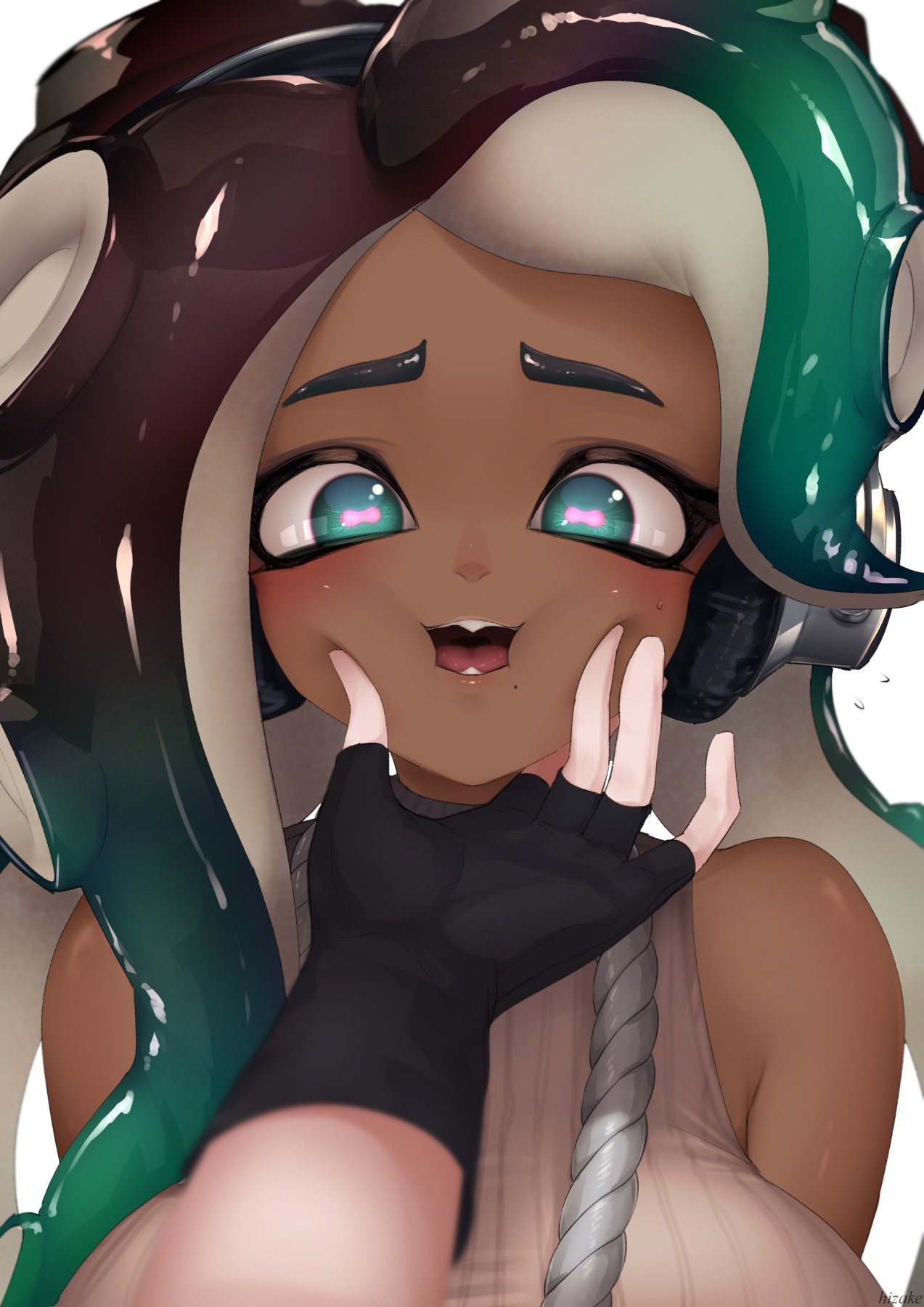 2girls artist_name bare_shoulders black_gloves blurry blurry_foreground blush breasts brown_hair cephalopod_eyes cheek_squash commentary_request dark_skin depth_of_field fangs fingerless_gloves flying_sweatdrops gloves gradient_hair green_eyes green_hair headphones highres hime_(splatoon) iida_(splatoon) jewelry kashu_(hizake) large_breasts long_hair looking_at_viewer mole mole_under_mouth monster_girl multicolored_hair multiple_girls necklace octarian open_mouth out_of_frame pink_pupils ribbed_sweater shiny shiny_hair simple_background sleeveless sleeveless_turtleneck solo_focus splatoon splatoon_(series) splatoon_2 suction_cups sweatdrop sweater tentacle_hair turtleneck upper_body white_background white_sweater