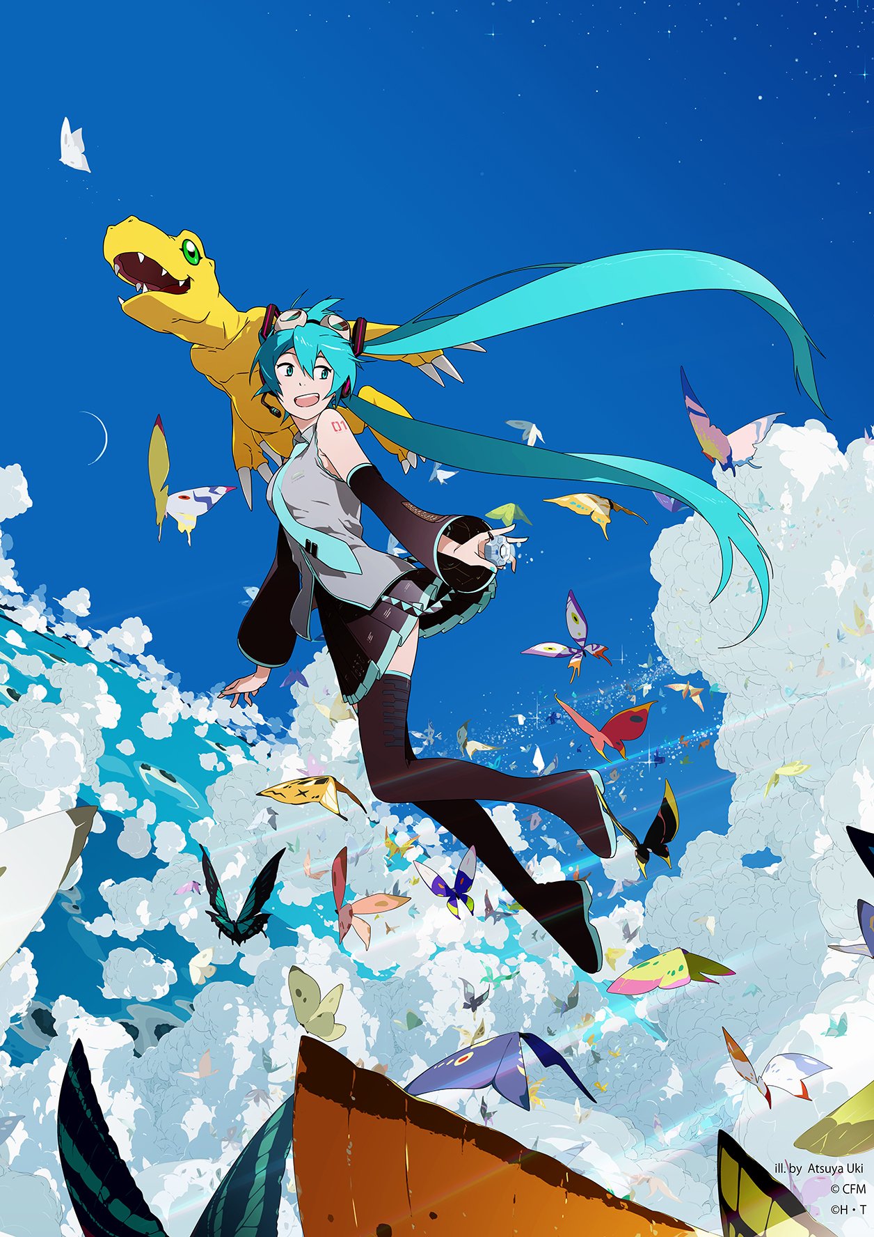 1girl agumon aqua_eyes aqua_hair aqua_neckwear artist_name bandai bare_shoulders belt blue_sky breasts bug butterfly claws clouds cloudy_sky commentary company_name crescent_moon crossover detached_sleeves digimon digimon_adventure_tri. digivice fangs female flying full_body green_eyes hair_ornament hatsune_miku headset highres holding insect island long_hair looking_back moon necktie ocean official_art sharp_teeth shiny shirt shoulder_tattoo skirt sky sleeveless sleeveless_shirt smile star_(sky) starry_sky tattoo teeth thigh-highs twintails uki_atsuya very_long_hair vocaloid