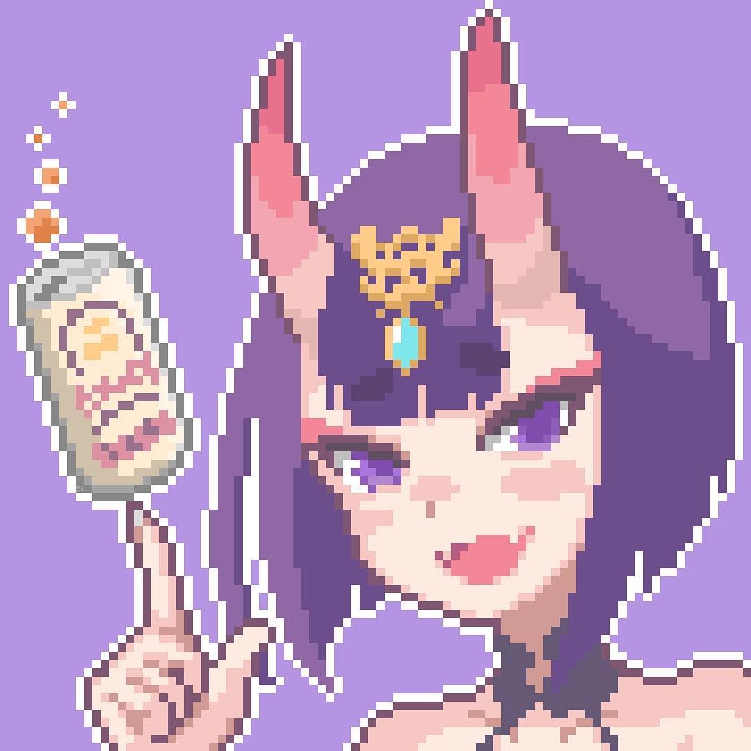 1girl alcohol balancing bangs beer beer_can bob_cut can fang fate/grand_order fate_(series) hcnone index_finger_raised looking_at_viewer oni oni_horns open_mouth outline pixel_art portrait purple_background purple_hair short_hair shuten_douji_(fate/grand_order) simple_background smile solo violet_eyes white_outline