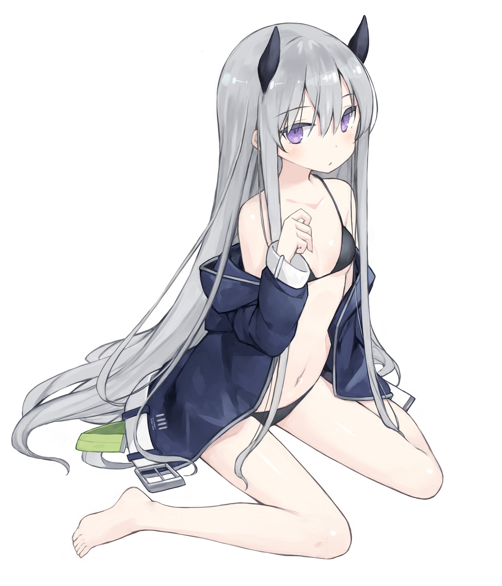 1girl bare_legs bare_shoulders barefoot belt belt_buckle bikini black_bikini blue_jacket blush breasts buckle closed_mouth expressionless full_body grey_hair hand_up highres horns jacket long_hair long_sleeves looking_at_viewer navel off_shoulder open_clothes open_jacket original poco_(asahi_age) sidelocks silver_hair simple_background sitting small_breasts solo stomach swimsuit thighs very_long_hair violet_eyes wariza white_background