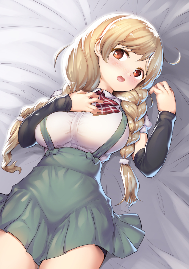 1girl arm_warmers bed bike_shorts black_shorts blanket blush bow bowtie braid breasts brown_eyes cloud_hair_ornament commentary_request danbo_(rock_clime) hair_between_eyes hand_on_own_chest kantai_collection large_breasts light_brown_hair long_hair looking_at_viewer lying minegumo_(kantai_collection) open_mouth plaid_neckwear pleated_skirt red_eyes red_neckwear school_uniform shirt shorts shorts_under_skirt skirt solo suspenders twin_braids white_shirt