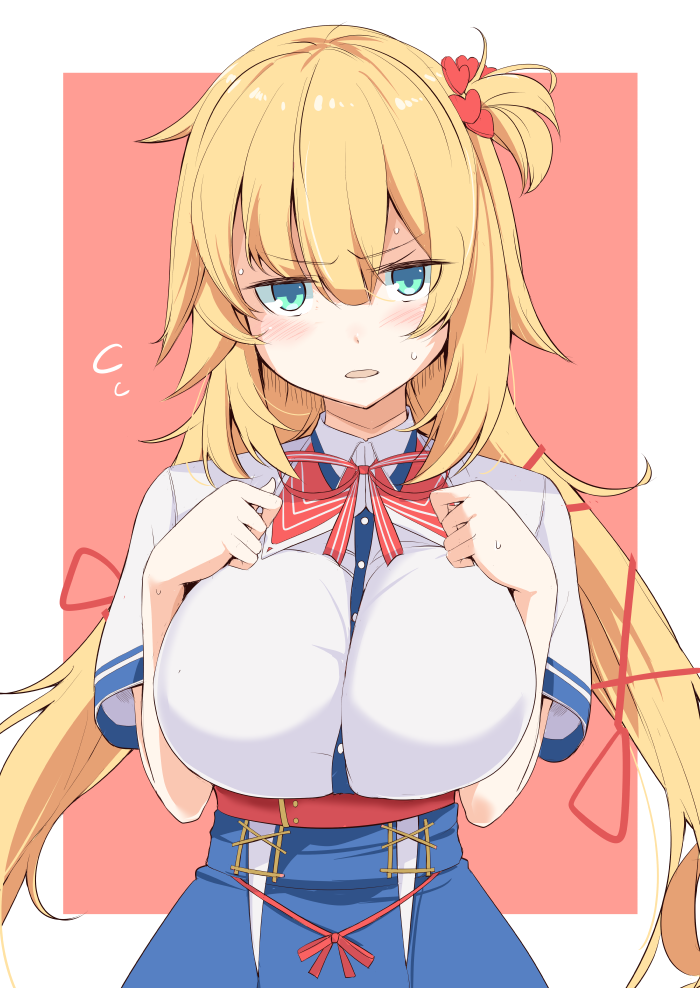 1girl akai_haato between_breasts blonde_hair blue_eyes blush breasts hair_ornament hands_on_own_chest heart heart_hair_ornament hololive kichihachi large_breasts long_hair looking_at_viewer open_mouth portrait simple_background solo string_tie sweat virtual_youtuber