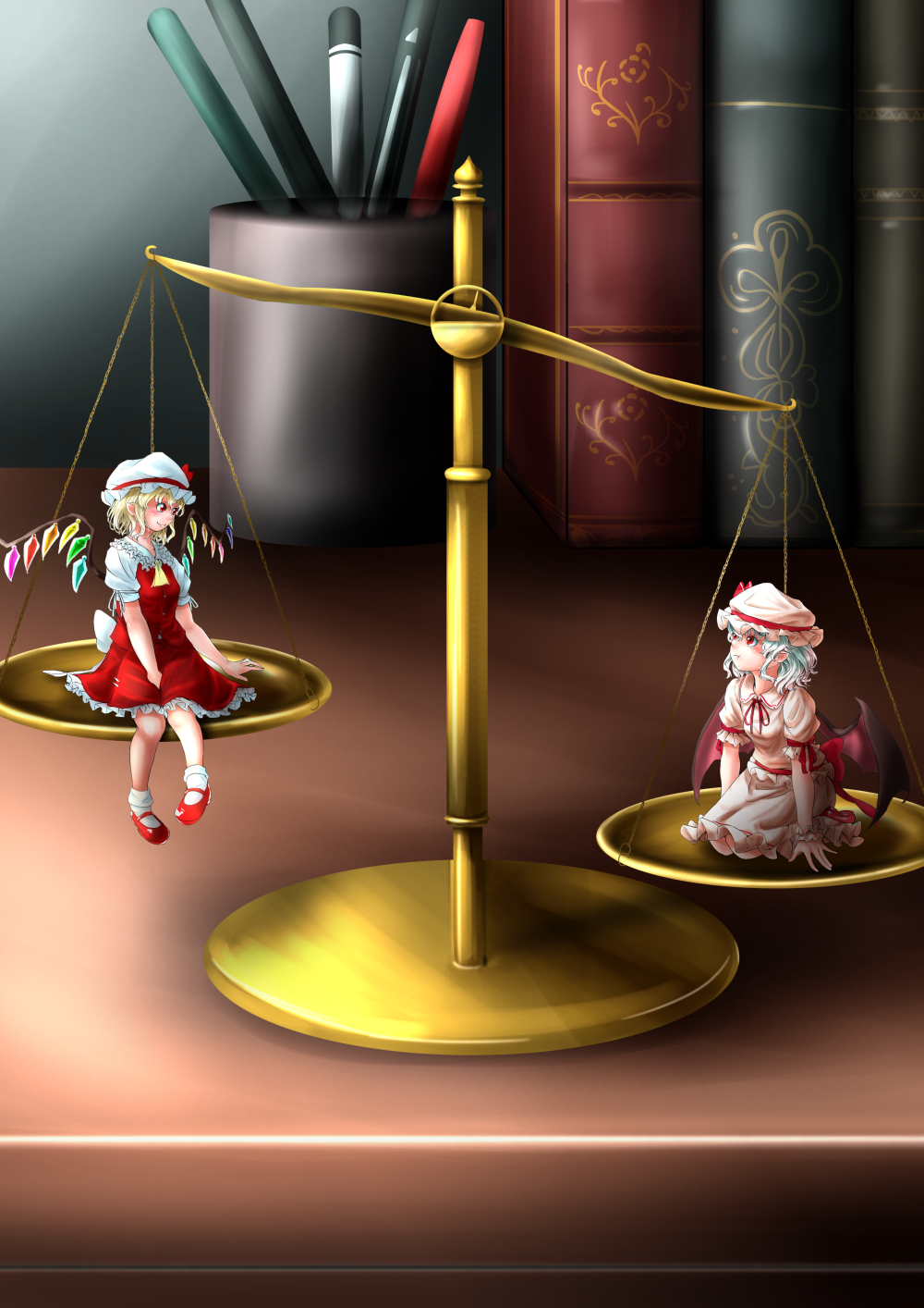 2girls balance_scale bat_wings between_legs blonde_hair blouse book commentary_request cravat crystal cup fang fang_out flandre_scarlet frilled_skirt frills hand_between_legs hara_(user_tvna7732) hat highres light_blue_hair looking_at_another mary_janes minigirl mob_cap multiple_girls neck_ribbon pen petticoat pink_blouse pink_skirt pointy_ears pout puffy_short_sleeves puffy_sleeves red_eyes red_footwear red_neckwear red_skirt red_vest remilia_scarlet ribbon seiza shirt shoes short_hair short_sleeves siblings sisters sitting skirt smile table touhou vest weighing_scale white_legwear white_shirt wings wrist_cuffs yellow_neckwear
