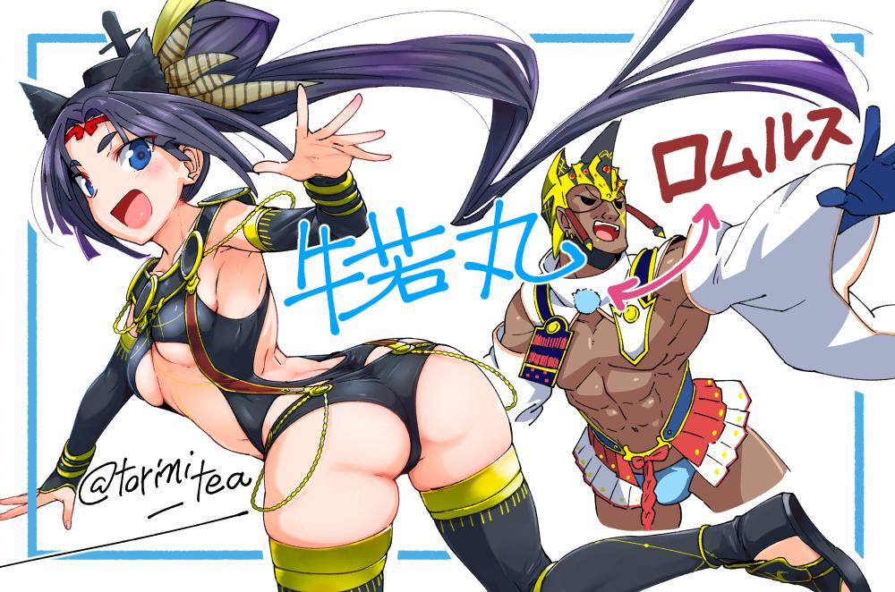 1boy 1girl abs ass bald black_hair black_sclera blue_eyes bow breasts briefs commentary_request cosplay dark_skin detached_sleeves fate/grand_order fate_(series) feathers hair_bow hand_up helmet horned_headwear long_sleeves looking_at_viewer looking_back muscle open_mouth panties ponytail romulus_(fate/grand_order) romulus_(fate/grand_order)_(cosplay) sandals small_breasts smile thigh-highs torichamaru translation_request twitter_username under_boob underwear ushiwakamaru_(fate/grand_order) ushiwakamaru_(fate/grand_order)_(cosplay) wide_sleeves