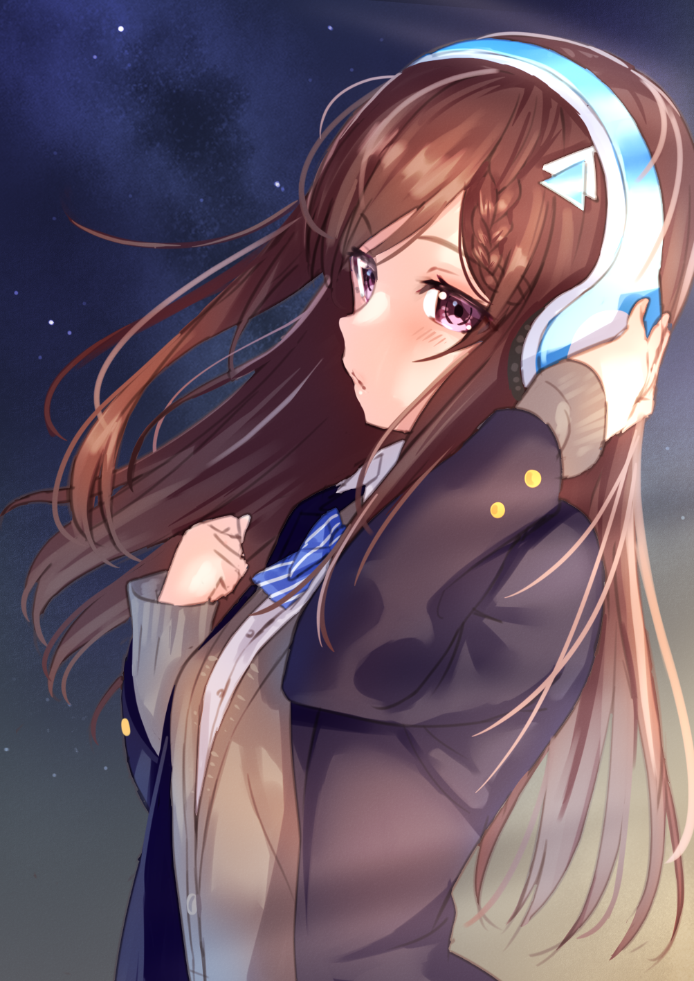 1girl bangs black_jacket blazer blue_bow bow braid breasts brown_cardigan brown_hair cardigan closed_mouth cocoa_music commentary_request diagonal_stripes doumyouji_cocoa dress_shirt eyebrows_visible_through_hair hair_ornament hairclip hand_on_headphones hands_up headphones highres jacket long_hair long_sleeves open_blazer open_clothes open_jacket school_uniform shirt sleeves_past_wrists small_breasts solo striped striped_bow tsukiman upper_body very_long_hair violet_eyes virtual_youtuber white_shirt