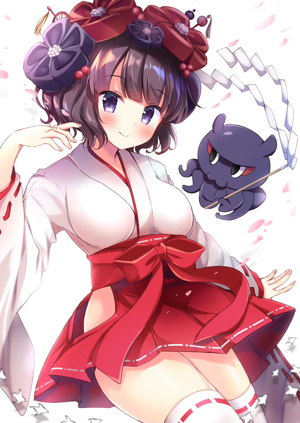 1girl alternate_costume bangs blush breasts closed_mouth collarbone commentary_request cowboy_shot eyebrows_visible_through_hair fate/grand_order fate_(series) flower hair_between_eyes hair_bun hair_flower hair_ornament hairpin hakama hakama_skirt highres hip_vent japanese_clothes katsushika_hokusai_(fate/grand_order) long_sleeves looking_at_viewer masayo_(gin_no_ame) miko octopus parted_bangs pleated_skirt purple_hair red_hakama red_ribbon ribbon simple_background skirt smile standing thigh-highs thighs white_background wide_sleeves