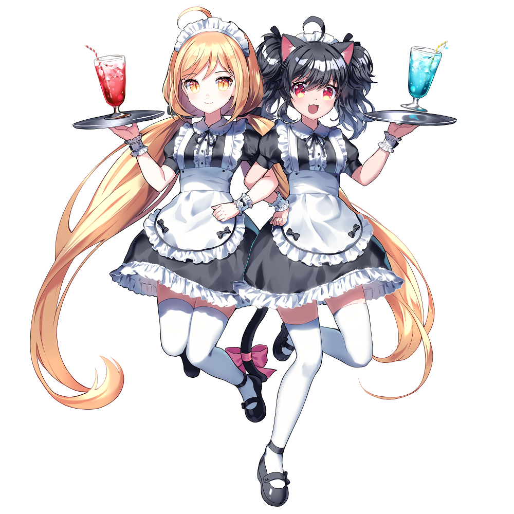 2girls :d ahoge animal_ear_fluff animal_ears apron bangs bendy_straw black_dress black_footwear black_hair blonde_hair bow breasts brown_eyes cat_ears cat_girl cat_tail center_frills closed_mouth commentary commission cup dress drink drinking_glass drinking_straw english_commentary eyebrows_visible_through_hair frilled_apron frills hair_between_eyes holding holding_tray ice ice_cube locked_arms long_hair low_twintails maid maid_headdress mary_janes mechuragi multiple_girls open_mouth original pink_bow puffy_short_sleeves puffy_sleeves red_eyes shoes short_sleeves simple_background small_breasts smile standing standing_on_one_leg tail tail_bow thigh-highs tray twintails very_long_hair white_apron white_background white_legwear wrist_cuffs