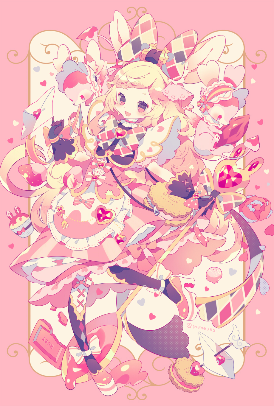 1girl animal_ears apron arrow bag black_gloves blonde_hair boots bow braid commentary_request cookie creature cupcake dress envelope food food_themed_clothes fork frilled_apron frills fruit full_body gloves hair_bow heart heart-shaped_gem high_heel_boots high_heels highres holding holding_spoon long_hair multicolored_bow open_mouth original oversized_object petticoat pink_apron pink_bow pink_dress pink_eyes polka_dot polka_dot_bow rabbit rabbit_ears shoulder_bag smile solo spoon strawberry striped striped_bow striped_dress twitter_username valentine vertical-striped_dress vertical_stripes very_long_hair yumenouchi_chiharu