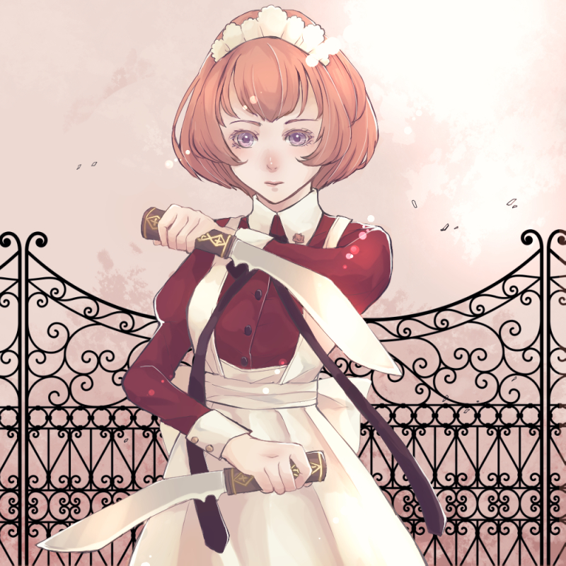 1girl apron arikawa_anri dress dual_wielding gate holding holding_knife juliet_sleeves knife light_smile long_sleeves looking_at_viewer maid maid_headdress orange_hair original pink_background puffy_sleeves red_dress ribbon short_hair solo standing violet_eyes white_apron