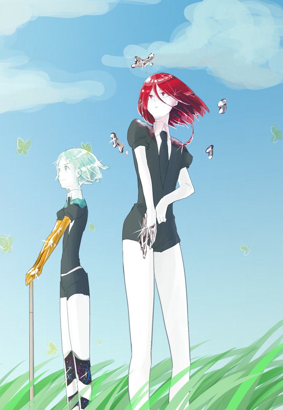 2others androgynous aqua_eyes aqua_hair blue_sky bug butterfly closed_mouth crystal_hair gem_uniform_(houseki_no_kuni) golden_arms grass green_eyes green_hair hair_between_eyes highres houseki_no_kuni insect long_bangs looking_away mercury multiple_others necktie outdoors phosphophyllite red_eyes redhead shinsha_(houseki_no_kuni) short_hair sky smile sword weapon white_skin