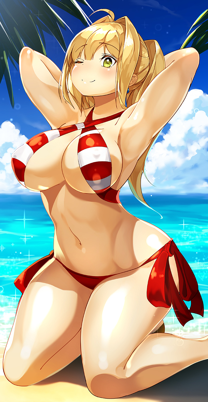 1girl ahoge beach bikini blonde_hair blue_sky breasts clouds covered_nipples criss-cross_halter day fate/extra fate/grand_order fate_(series) green_eyes hair_intakes halter_top halterneck highres kneeling large_breasts long_hair looking_at_viewer navel nero_claudius_(fate) nero_claudius_(fate)_(all) nero_claudius_(swimsuit_caster)_(fate) ocean outdoors sand shiny shiny_hair shiny_skin sia_namsbinpeni side-tie_bikini sky solo striped striped_bikini swimsuit twintails water