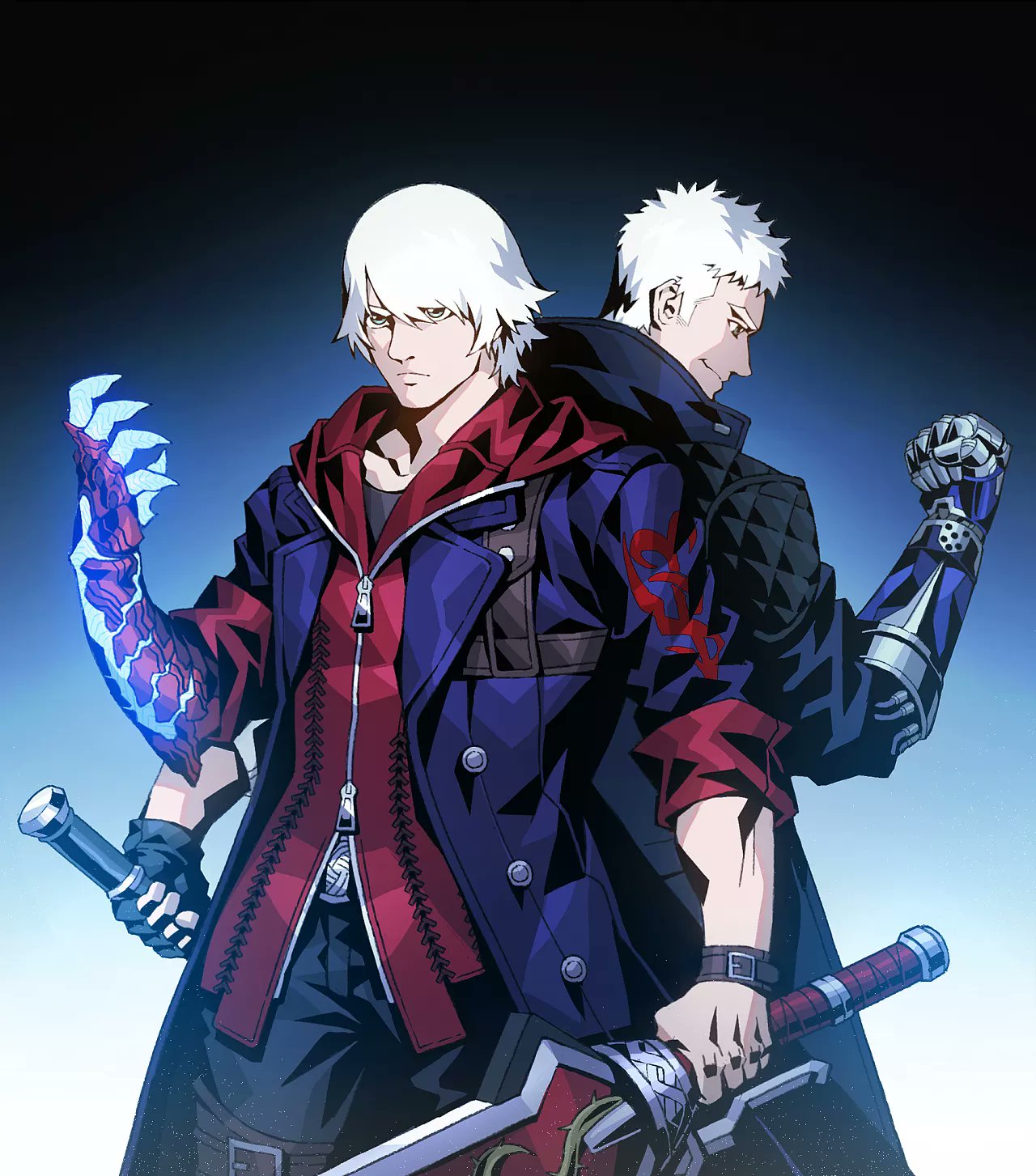 2boys back-to-back belt_buckle black_gloves black_shirt blue_coat blue_eyes bracelet buckle buttons clenched_hand closed_mouth coat devil_may_cry devil_may_cry_4 devil_may_cry_5 fingerless_gloves gloves glowing gradient gradient_background highres holding holding_sword holding_weapon hood hoodie jewelry male_focus mechanical_arm multiple_boys muscle shimetsukage shirt sleeves_rolled_up smile standing sword thigh_strap weapon white_hair zipper zipper_pull_tab