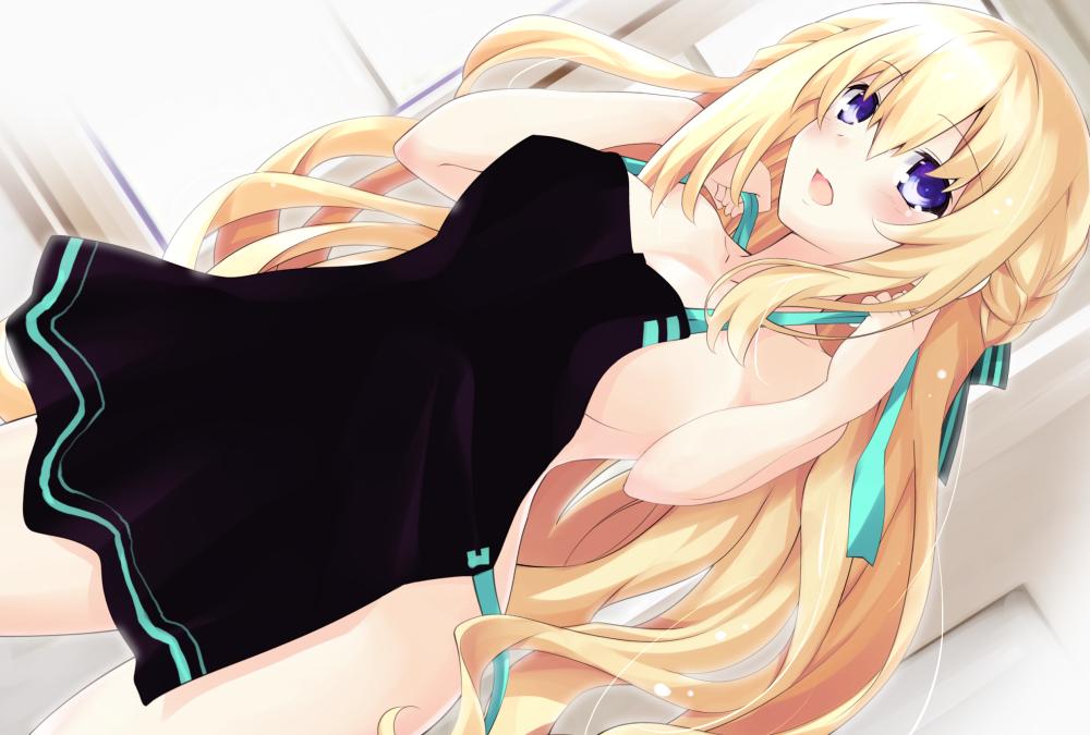 1girl apron bare_shoulders black_apron blonde_hair blush breasts cleavage eyebrows_visible_through_hair iwasi-r large_breasts long_hair neptune_(series) solo vert very_long_hair violet_eyes